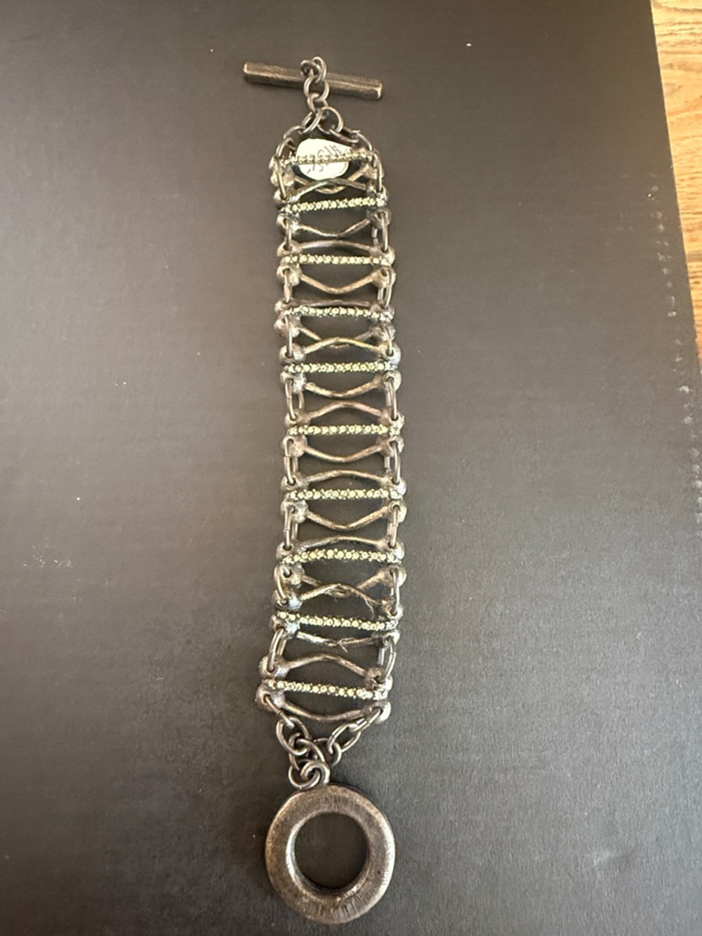 Chunky Metal Link Bracelet with Toggle Closure - Antique Silver Tone